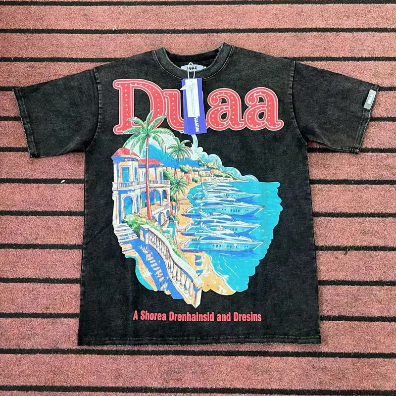 American Retro Distressed Washed Denim DUAA Tops High Quality Beach Pattern Printed Loose Fitting DUAA T-shirt Men Women