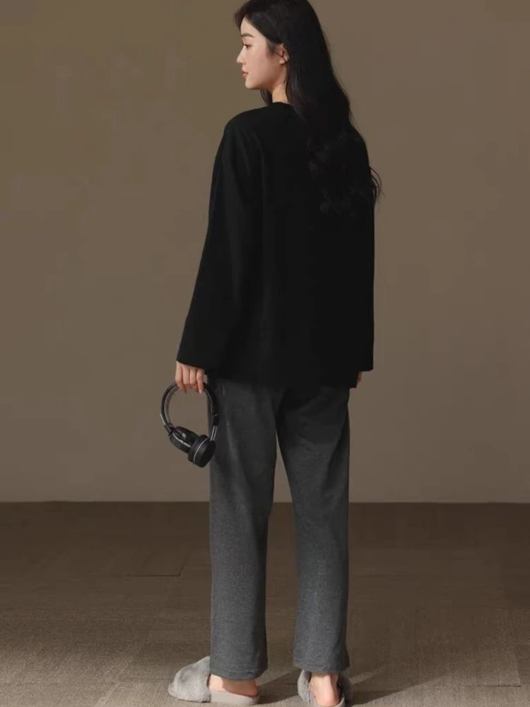 M-5XL grande taille 2 pièces/ensemble pyjamas femmes coréen printemps à manches longues école vêtements de nuit gris vêtements de détente amples peuvent être portés à l'extérieur