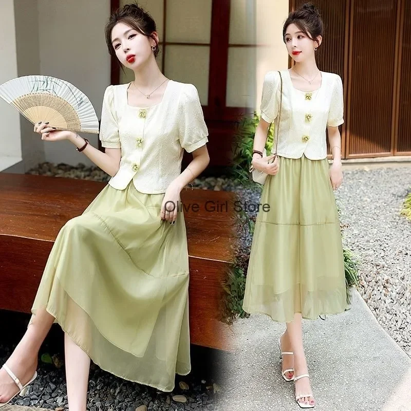 

Women's outfits Skirt Set 2024 Summer Green Shirt Flower Button Short Sleeve Elegant Sweet Set Modern Outfits Chinese Clothes