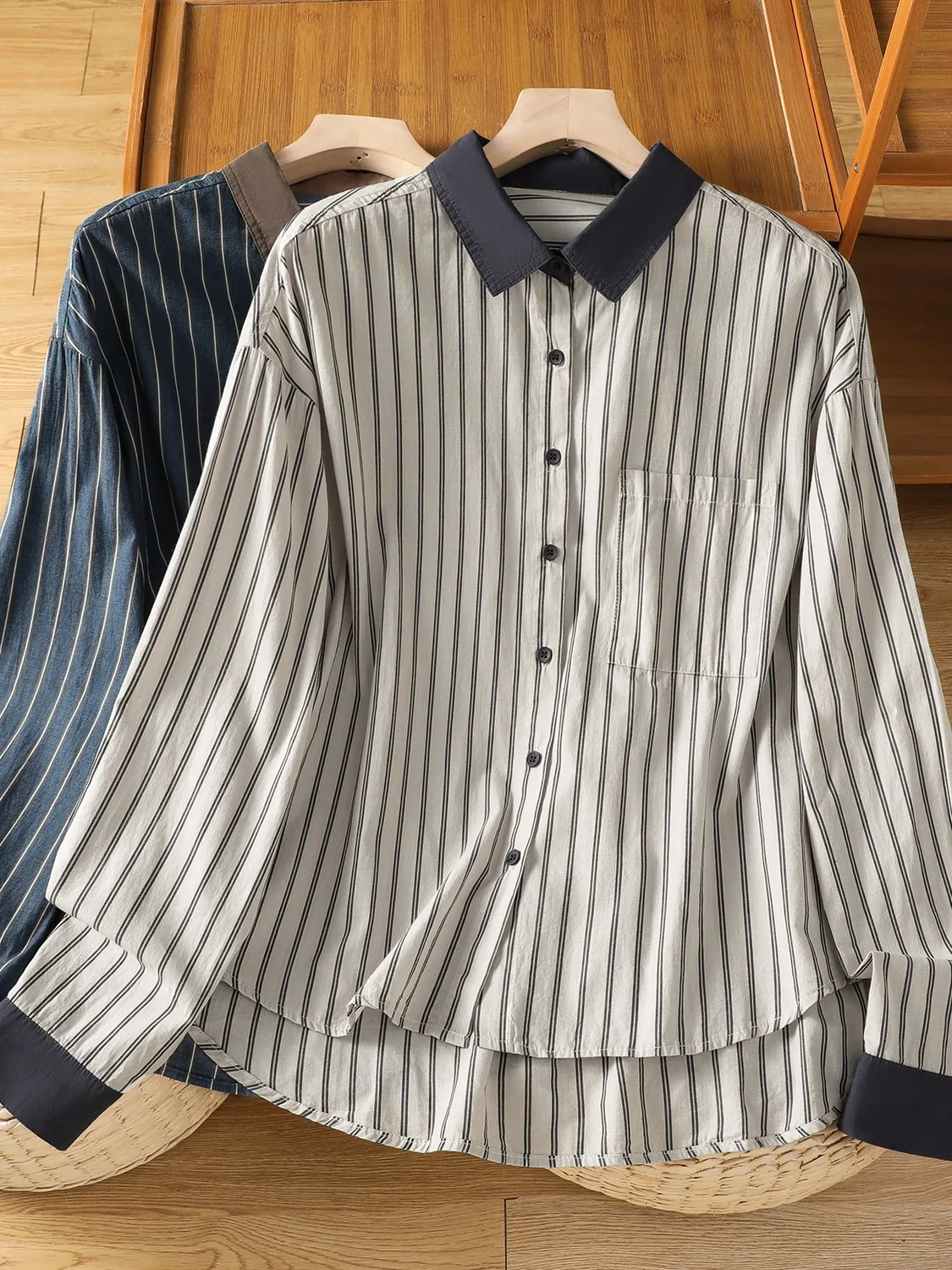 

Retro Striped Cotton Linen Long Sve Women's irt Spring Season Boting Layering irt Design Sense Vintage Sle