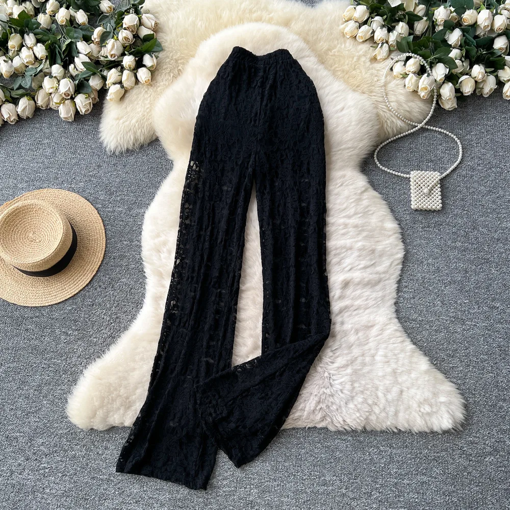 مضيئة بانت المرأة السراويل الطويلة سليم صالح الدانتيل الأزهار مثير عالية الخصر مستقيم بنطلون Y2k الشارع الشهير العمل الأنيق الخريف عادية #4