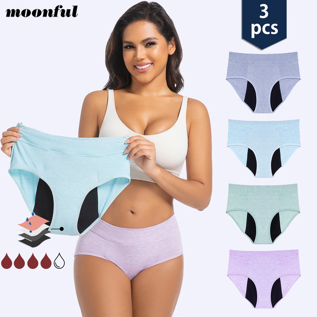 

3PCS Menstruation Panties Women Cotton Menstrual Panties Abundant Flow Leakproof Menstrual Cycle Absorbent Period Underwear Pack