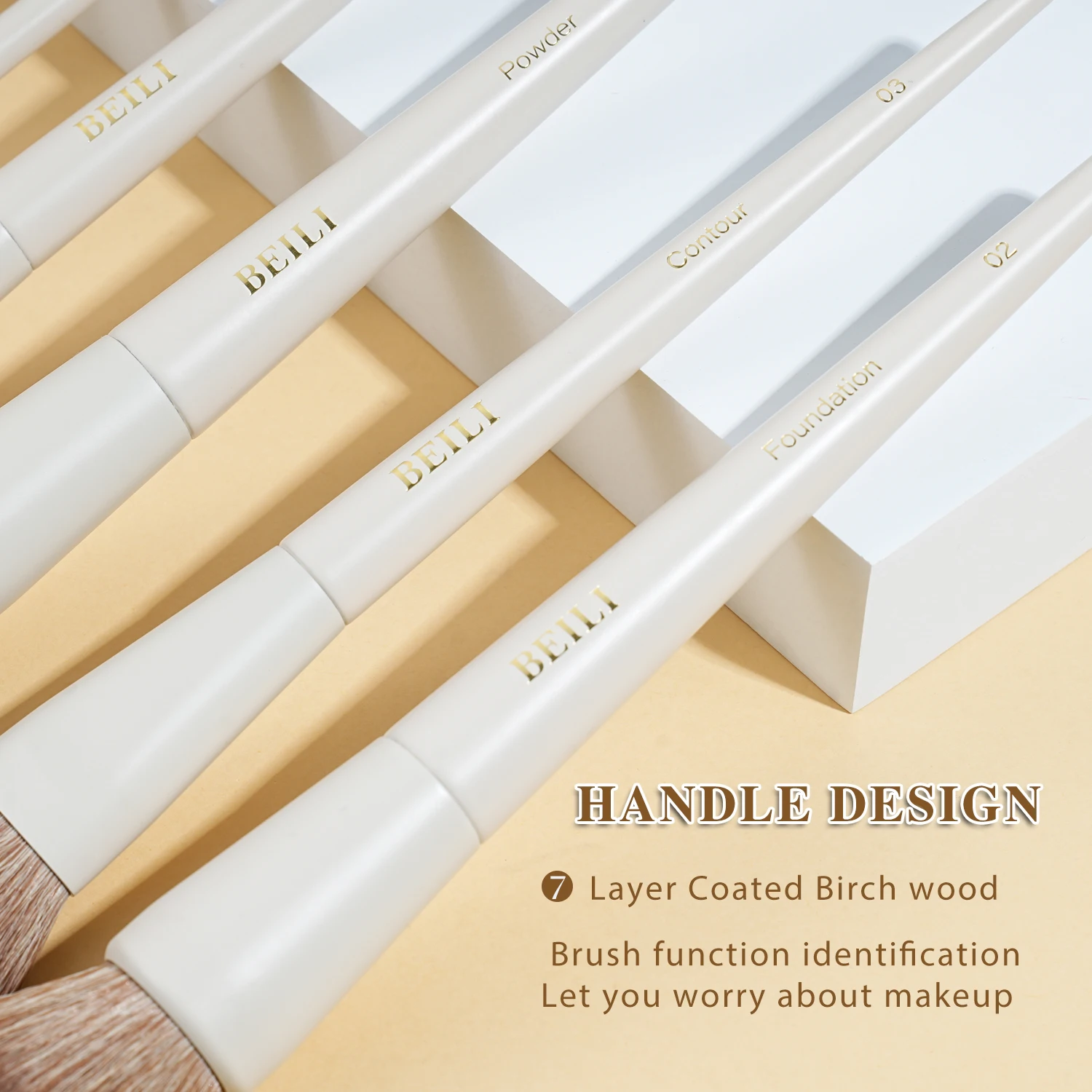 BEILI 15 szt. Beżowe, wysokiej jakości syntetyczne pędzle do makijażu, zestaw do podkładu, korektora, cieni do powiek, eyelinera, różu, blendowania i rozświetlania.