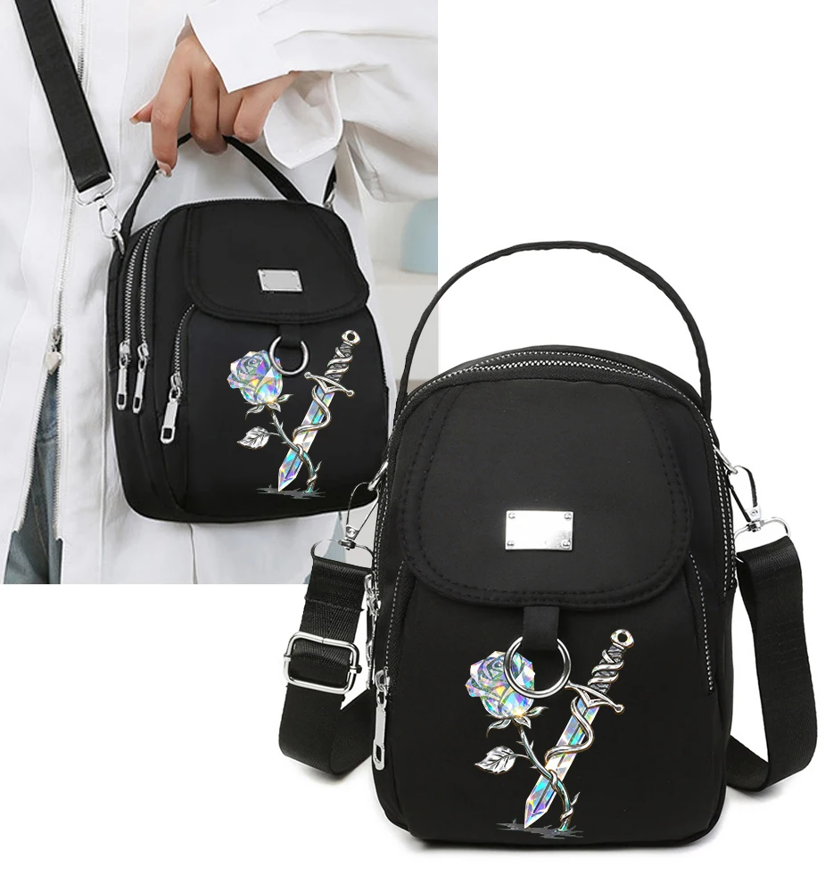 

Roses Butterfy Durable Oxford 3 Layers Shoulder Bag Crossbody Zipper Phone Female Multifunction Handbag Wrist Purse Womens Pouch