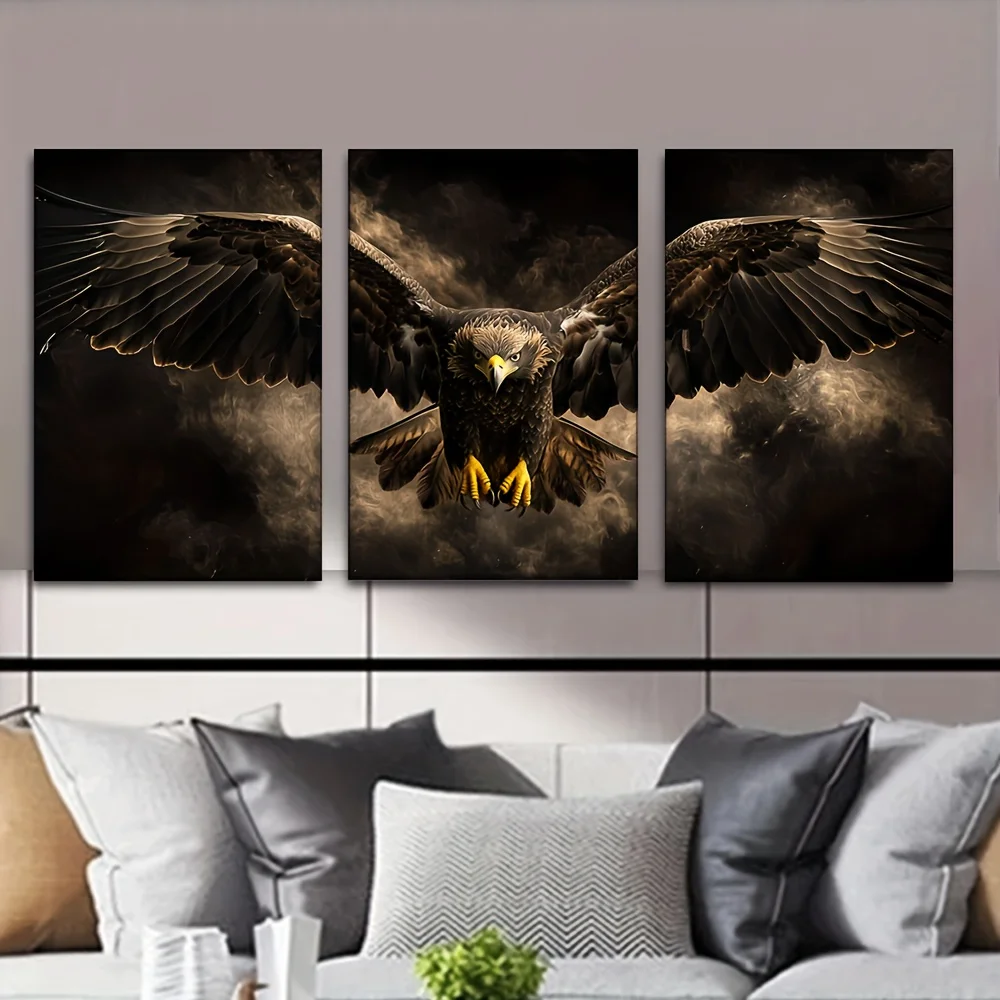 (No frame)3pcs Set Majestic Eagle Wall Art Paintings - Unframed Abstract Eagle Soaring in Dark Sky, Hand-Painted Canvas Poste