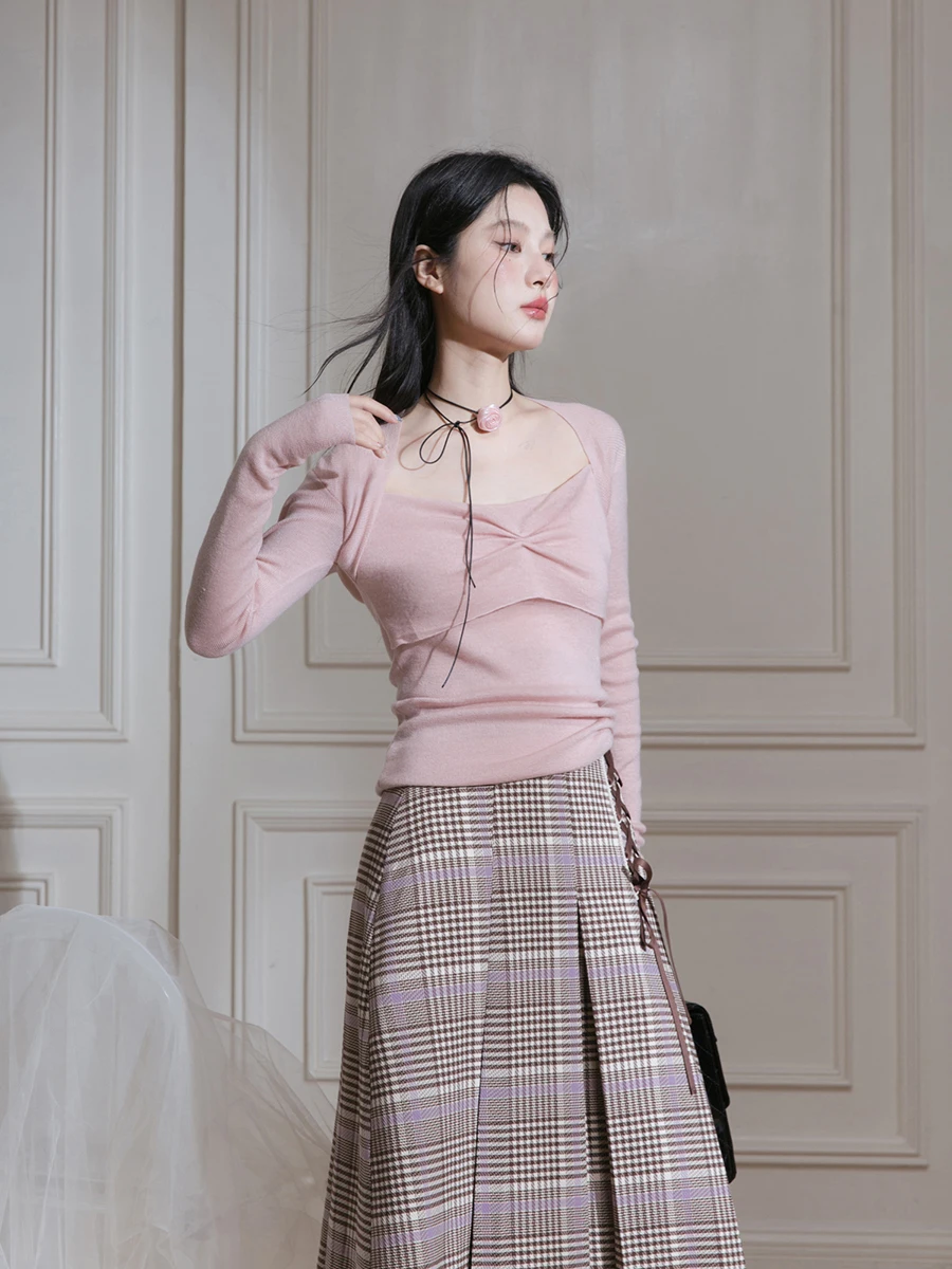 

COTRE Soft Light Pink Silk Mixed Wool Base irt Women's Knitted Sweater Thin Long Sve Crew Ne Color Commute Sle