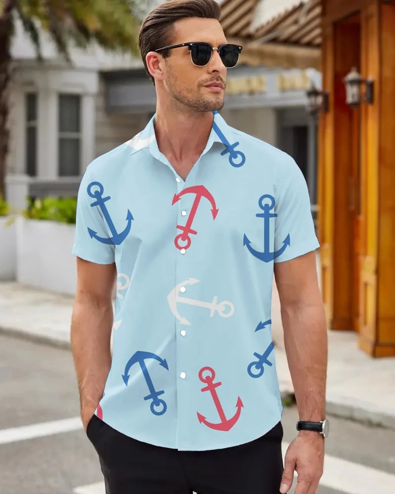 New Men's Holiday Shirt Anchor Print Men's Shirt Hawaiian Style Printed Shirt Button Short Sleeve Summer Beach Shirt