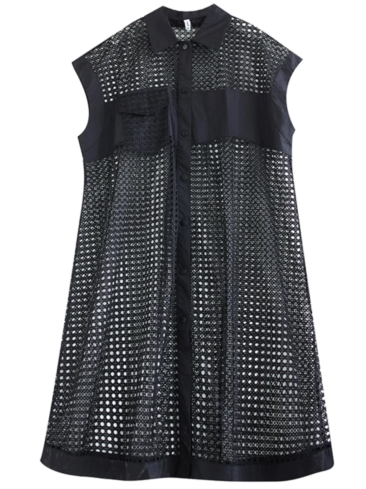 여름 신상 작은 디자인 메쉬 셔츠 드레스 여성 패션 원피스 홀로우 아웃 드레스 출근 스타일 루즈 웨이스트 거들