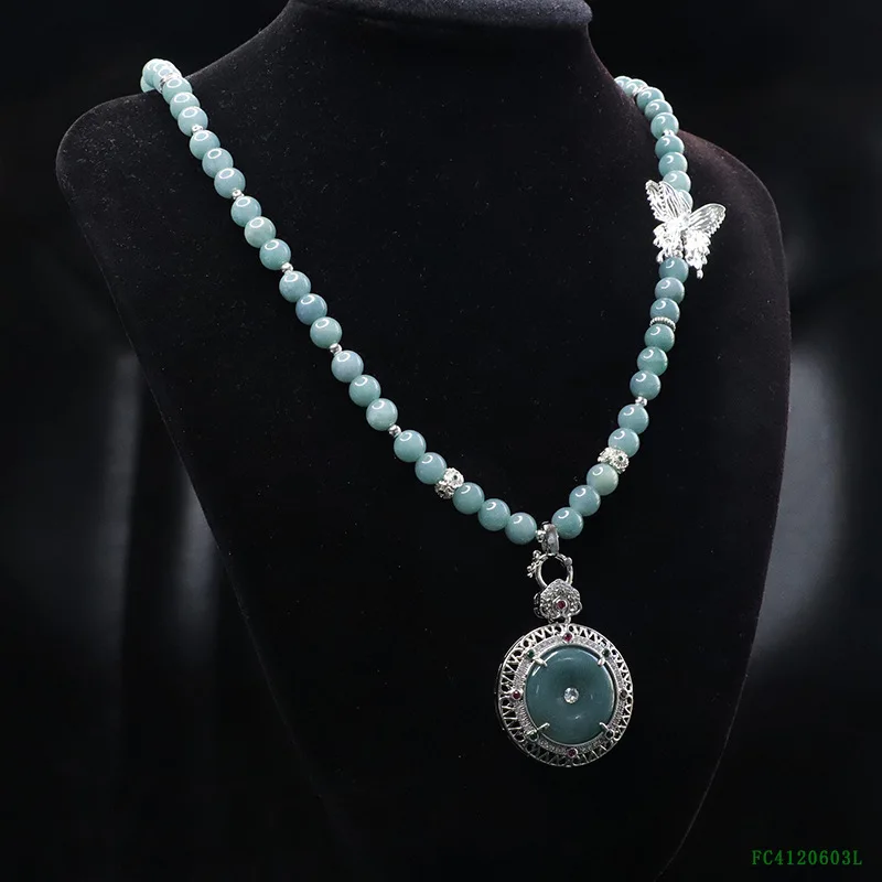 

Natural Blue Water Jade Butterfly Pendant with Safety Button, Handmade Sweater Chain for Women, Lucky Jewelry