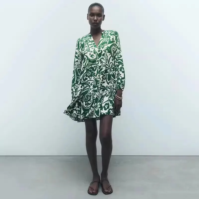 Ele taille haute a-ligne Dr een imprimé fleuri V-Ne boutonné multicouche blanc Bot Long Sve printemps été