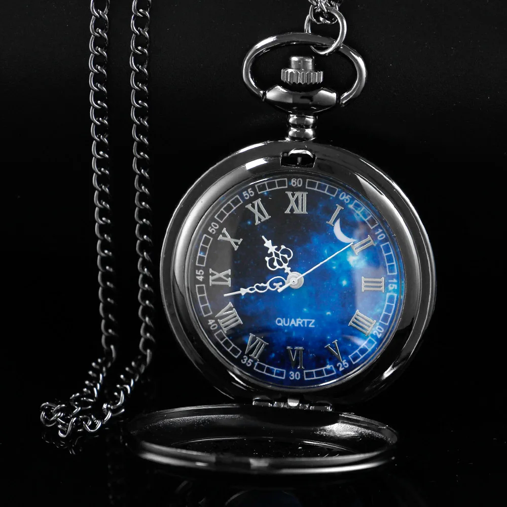 Vintage Black Starry Sky Hollow Retro Quartz Pocket Watch Pocket Watches for Women Men with Fob Chain Christmas Birthday Gifts