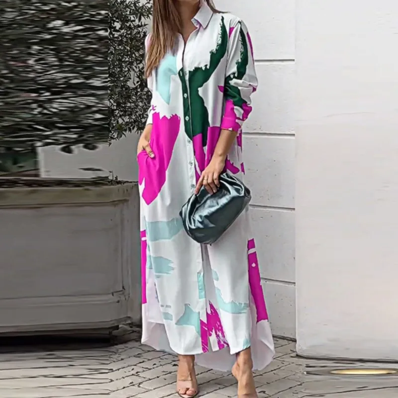 

Women new regular fashion color block printed shirt collar long sleeves loose waist single breasted floor length dress for women