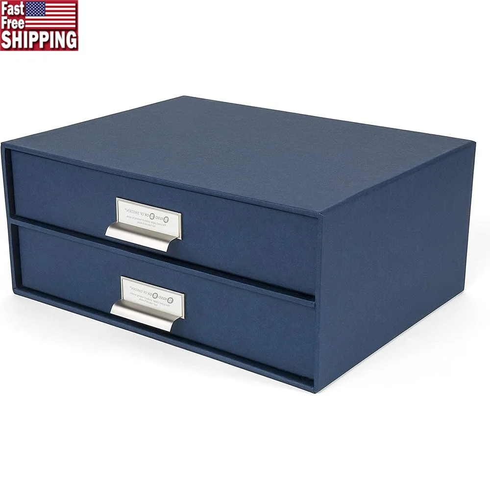 

2-Drawer Document Storage Box Desktop Organizer Fiberboard File Holder Papers Drawer with Label Frame Office Home Use