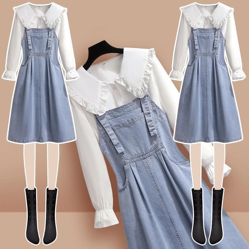 2022 Spring Autumn Women's Sweet Shirt Overall Denim Dress 1 or Two Piece Set Korean Lady Student Casual Joker Blouse Dress Suit