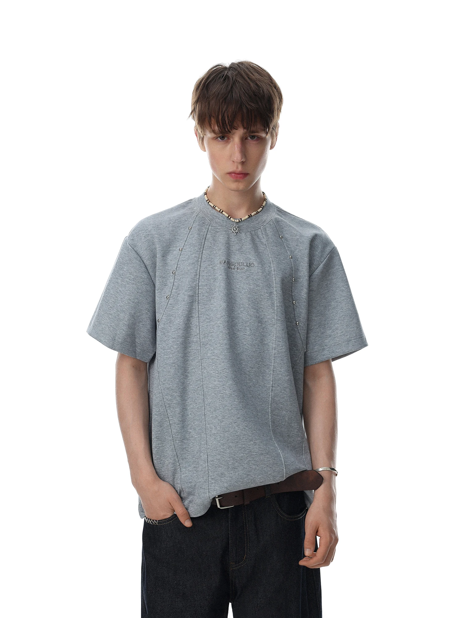MRNEARLY American Decomposition Design Loose Short Sleeve T-Shirt Unisex round Neck Summer Trendy Cotton Blend Rivet Detail