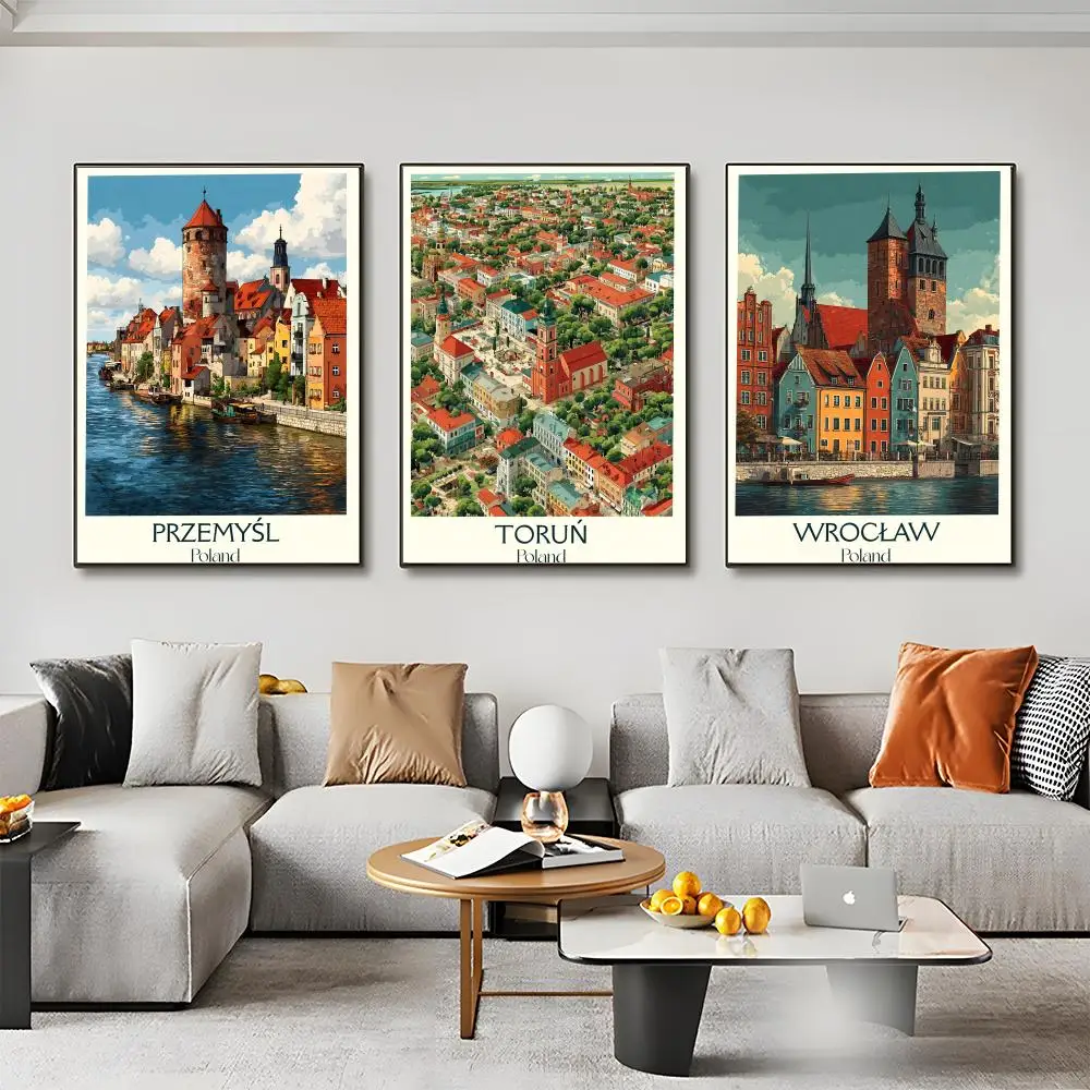 Vintage Poland City Poster Room Wall Art Decor Waterproof Stickers For Home Bar Bedroom Decoration