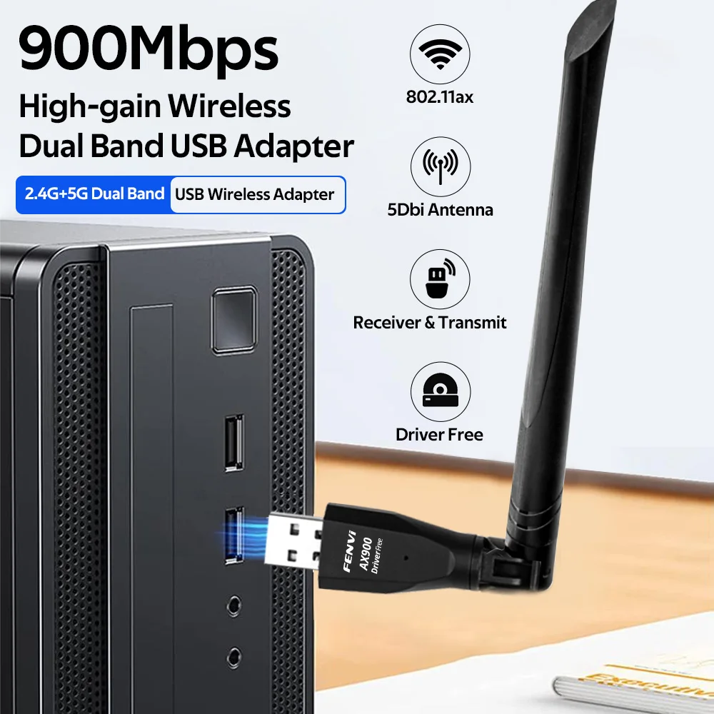 FENVI USB WiFi 6 AX900 Wireless Network Card Dual Band 2.4G/5GHz 900M 802.11AX USB Adapter For Win 10/11 PC Laptop Driver Free