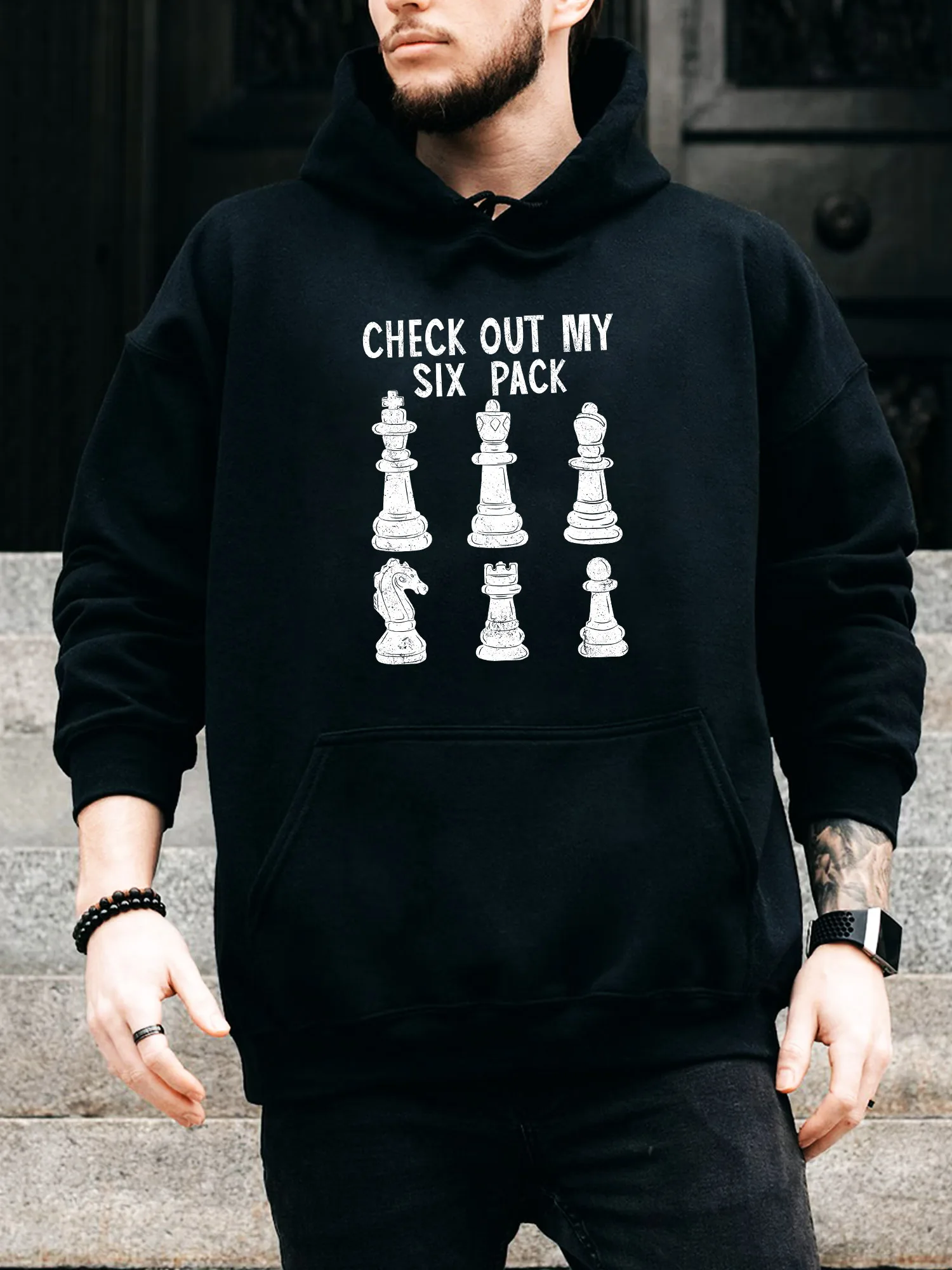 

Мужская толстовка с капюшоном на шнурке Funny Chess Six Pack — повседневный удобный черный пуловер, осенне-зимняя толстовка с капюшоном