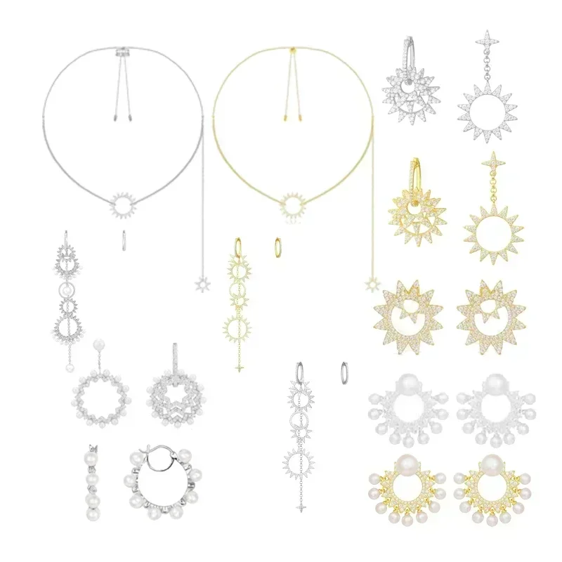 

RP S925 Sterling Silver Pearl Gear Sun Gold Adjustable Necklace Earrings Simple Personality Fashion Women's Jewelry Gift