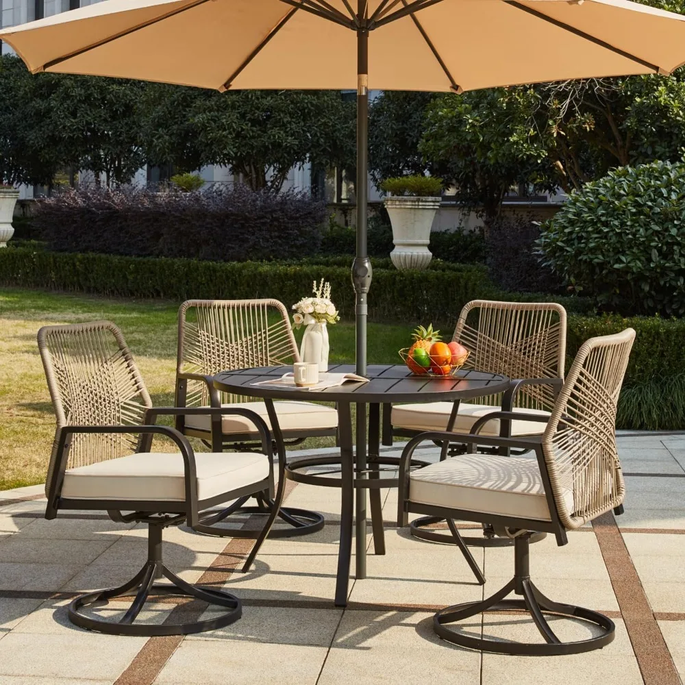 

5-Piece Outdoor Dining Set, 4 Swivel Rattan Chairs with Thick Cushions & 42" Round Dining Table with Umbrella Hole, Patio Furni