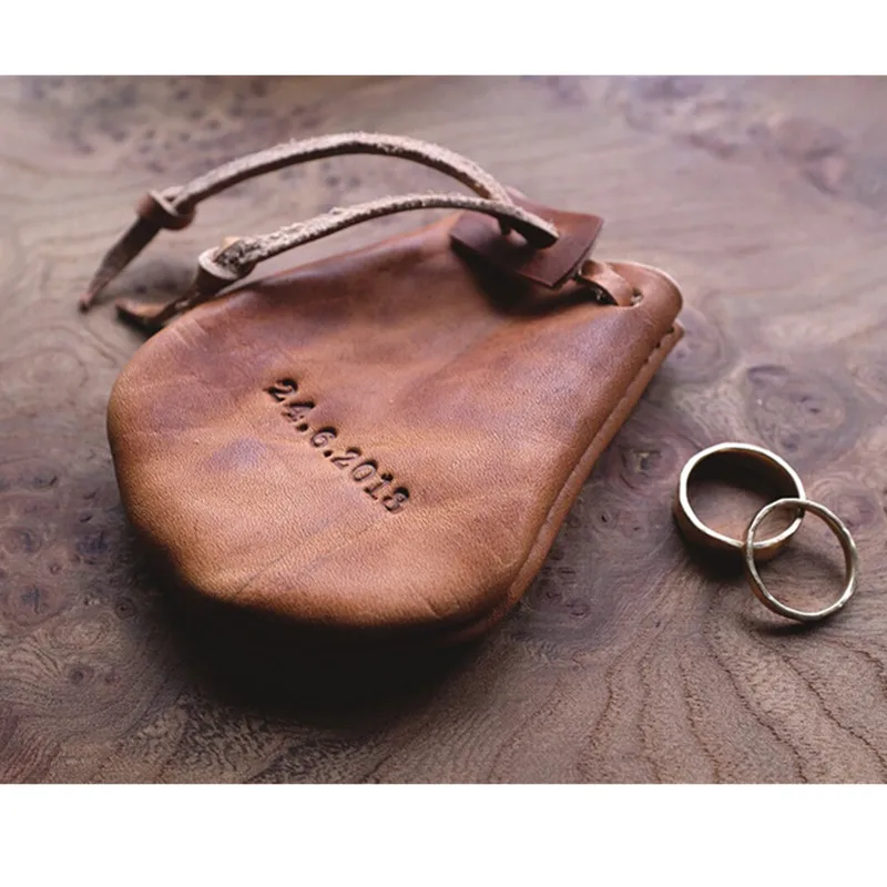 Customize Brand Logo Date Leather Ring Pouch, Wedding Ring Holder, Coin Purse, Personalised Drawstring Pouch