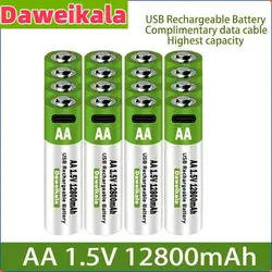 1.5V 2024 New AA USB Rechargeable Battery 12800 mAh Li-ion Battery for Remote Control Mouse Electric Toy Battery + Type-C Cable