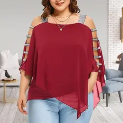 Camisetas de talla grande para mujer, Top informal de manga de murciélago con cuello de barco ahuecado, Color sólido