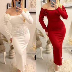 Jiayigong High Quality Evening Jersey Flower Pleat Beach Sheath Off-the-shoulder Bespoke Occasion Gown Long Sleeve Dresses