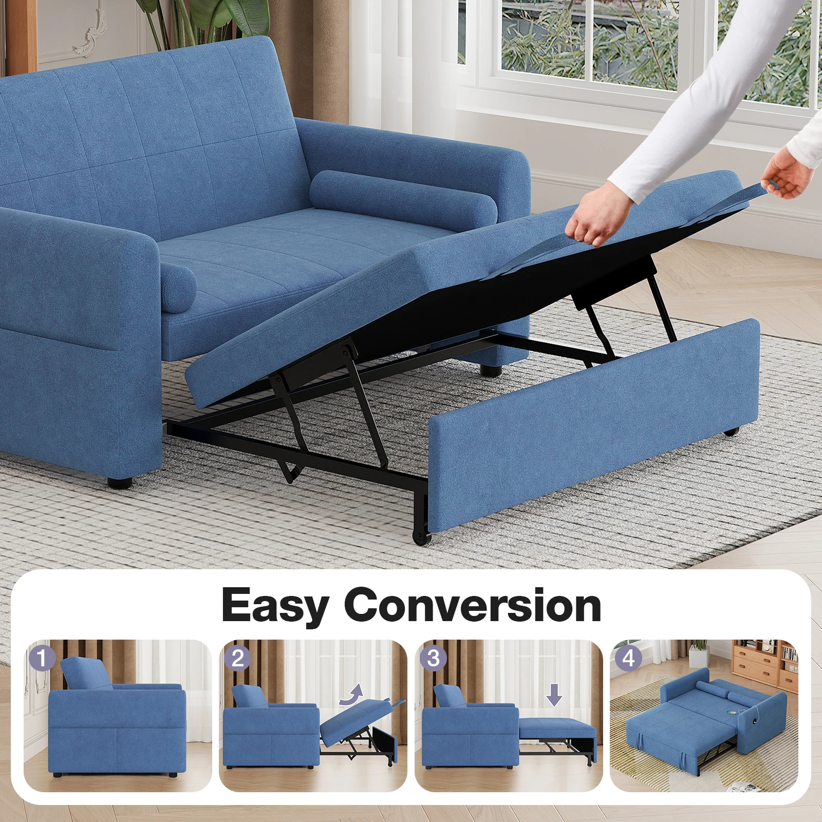 أريكة سرير بمقعدين، أريكة سرير زاوية قابلة للتحويل 3 في 1 مع منافذ USB ونوع C، كرسي نوم مزدوج من الكتان قابل للسحب مع جيب #6