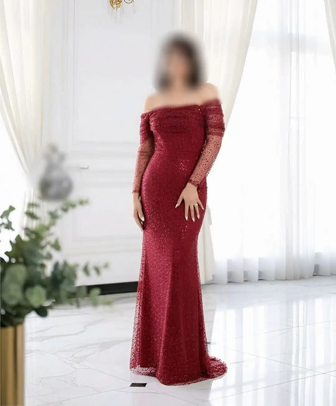 

New Design Sexy Off The Shoulder Glittering Sequins Luxury Illusion Full Sleeves Mermaid Evening Prom Formal Party Dress