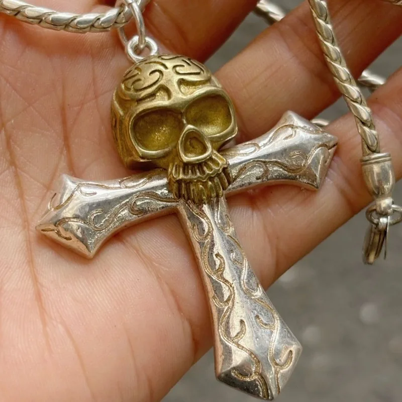 Vintage Carved Copper Silver Plated Cross Skull Pendant Necklace Set, Retro Old Silver Style Unisex Jewelry for Men Women