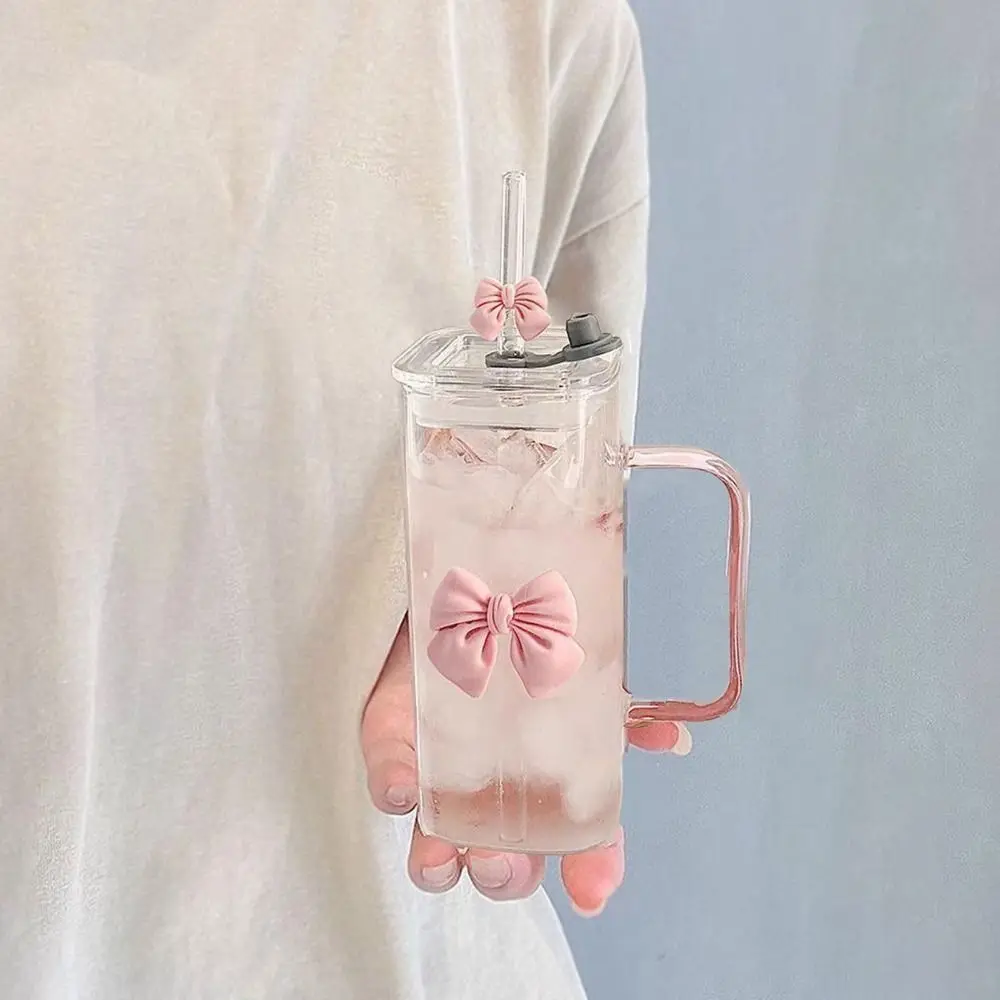 Versatile High Temperature Resistant Matcha Glass With Lids Capacity Bow Cups Glass Straw Cups for Drinking Milk