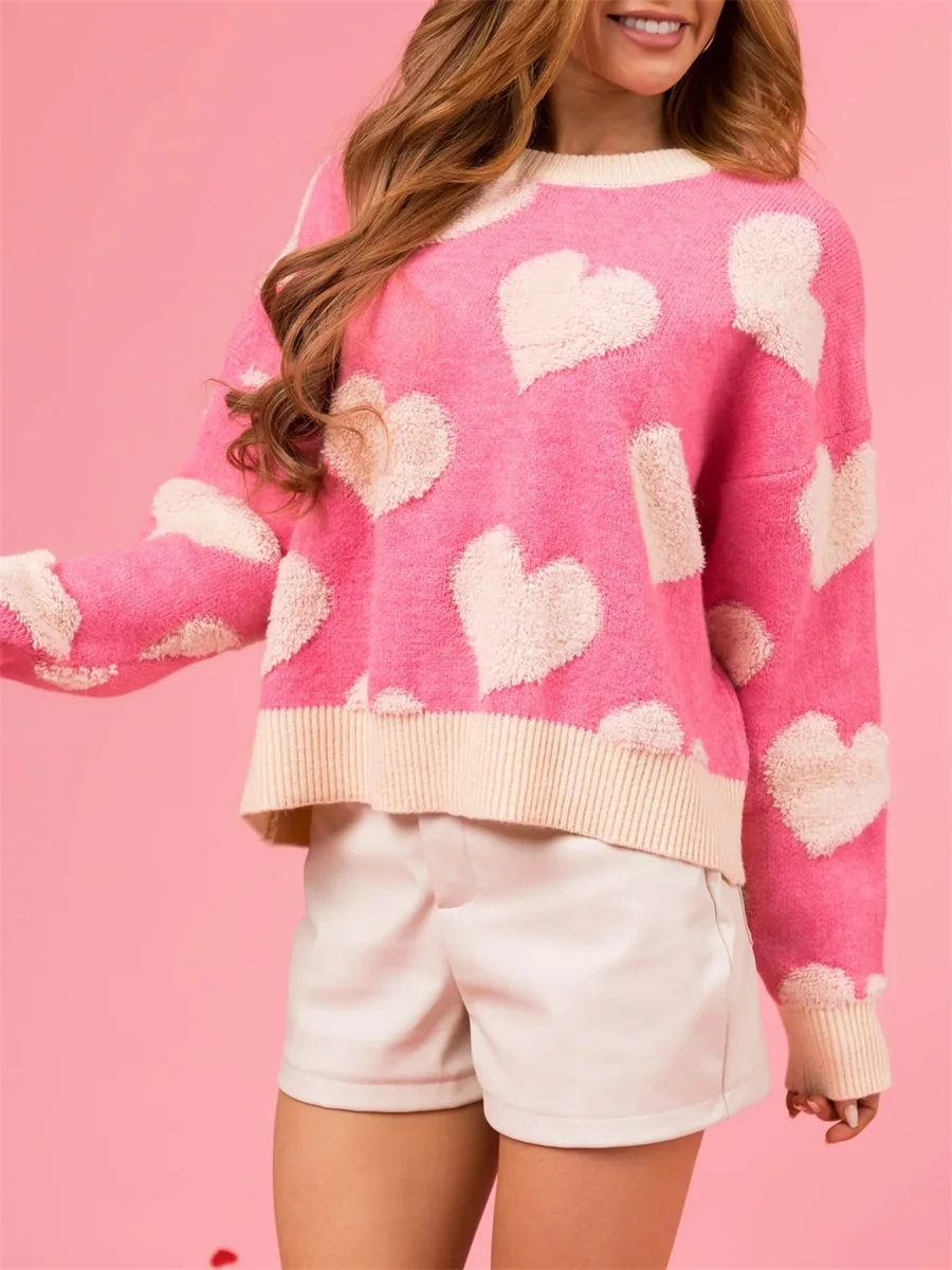 Женский вязаный свитер на День святого Валентина с длинным рукавом и круглым вырезом, трикотаж с вышивкой в виде сердца