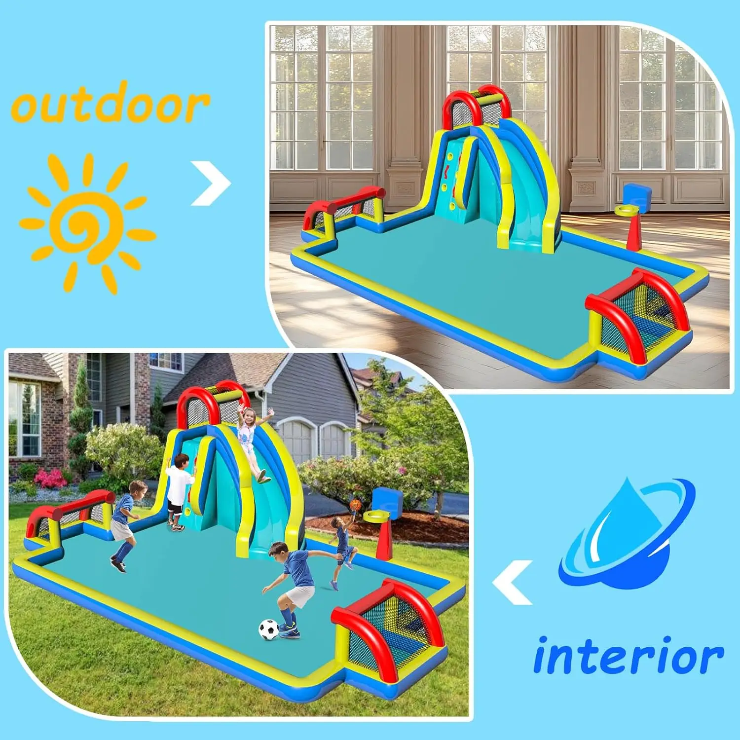 Scivolo gonfiabile con doppia porta da calcio, grande piscina antispruzzo, canestro da basket, parete da climbare, ventilatore d'aria, scivolo rimbalzante per bambini per P