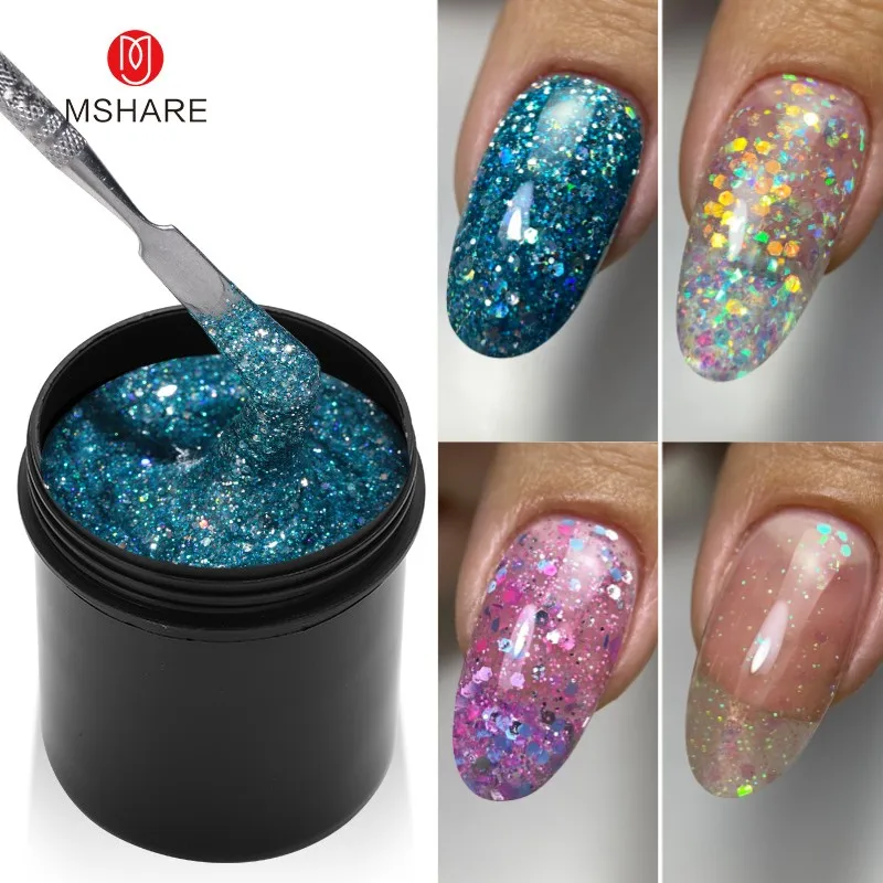 MSHARE 142g Glitter Sequins UV Gel Nail Builder For Extenison Shiny Spring Summer Color Nail Art Hard Gel