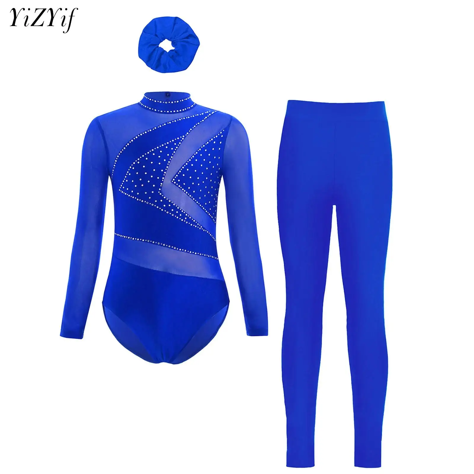 Kids Girls Figure Skating Performance Jumpsuit Long Sleeve Dancewear Rhinestones Ballet Gymnastics Leotard with Leggings Outfits