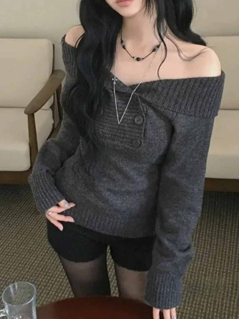 Pure Desire Sweet Spicy Shoulder Bared Knitted Long Sleeve Women's Base Layer Shirt Autumn Winter Design Beautiful Long Sleev...