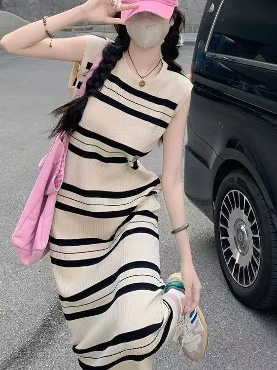 Summer 2025 Korean Style Black White Color Block Striped Dress Women's Elegant Midi Loose Knitted Dress French Style High Wai...