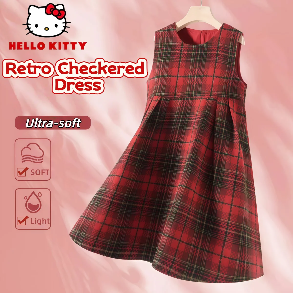 

Детское стильное красное клетчатое платье Hello Kitty, универсальное удобное платье для девочек, осенне-зимнее шерстяное теплое платье без рукавов