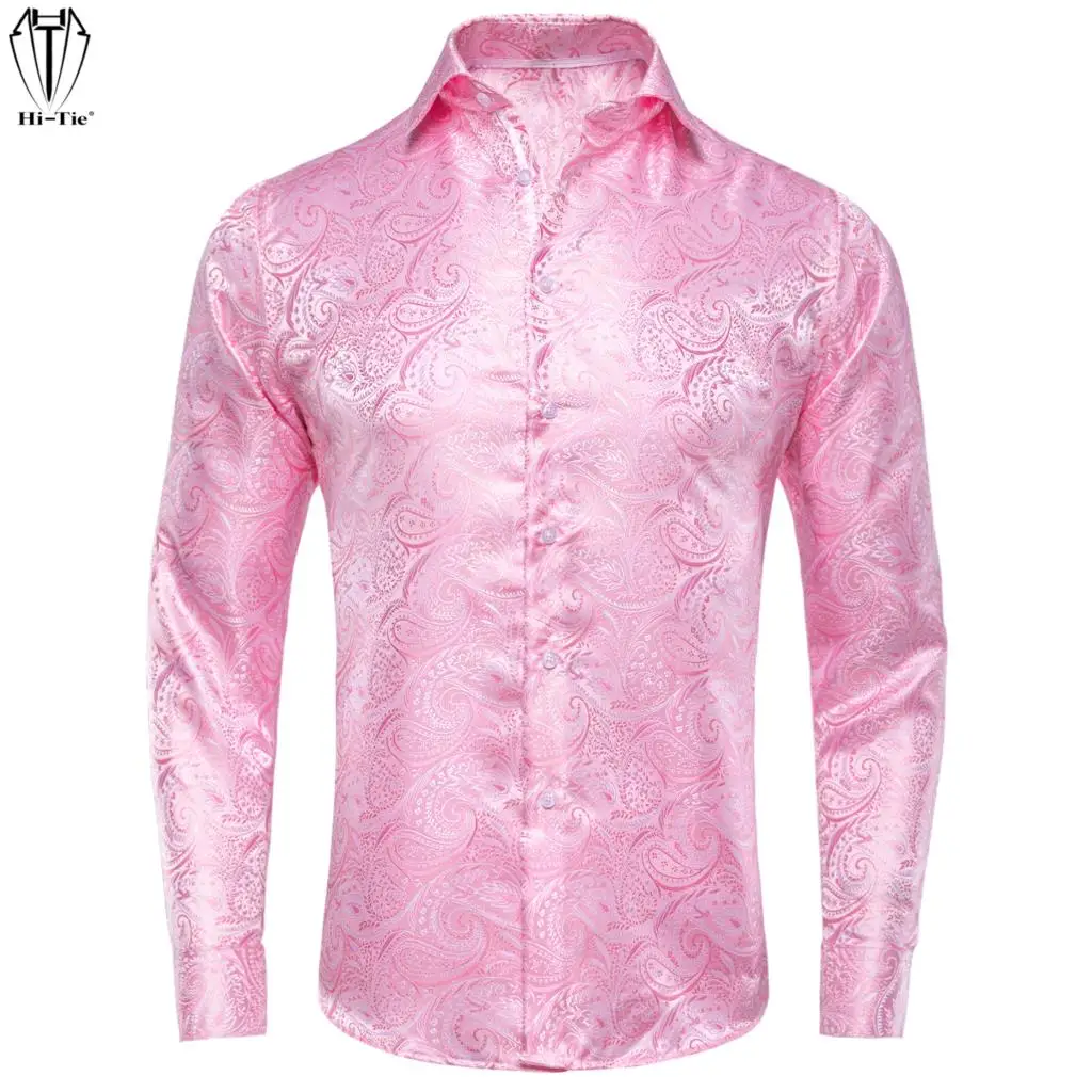 

Hi-Tie Brand Silk Mens Shirts Long Sleeve Gold Blue Red Green Beige Burgundy Pink Purple Black White Shirt For Men High Quality