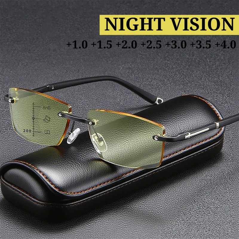 Multifocal Night Vision Reading Glasses for Men Unisex Rimless Square Eyeglases Trendy New Near Far Presbyopia Eyewear +4.0