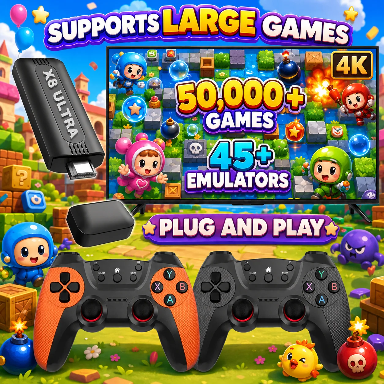 

X8 Ultra Game Stick Console 64GB 40000+ Built-in Games 4K HD Retro TV Game Player 2.4G Wireless Controller