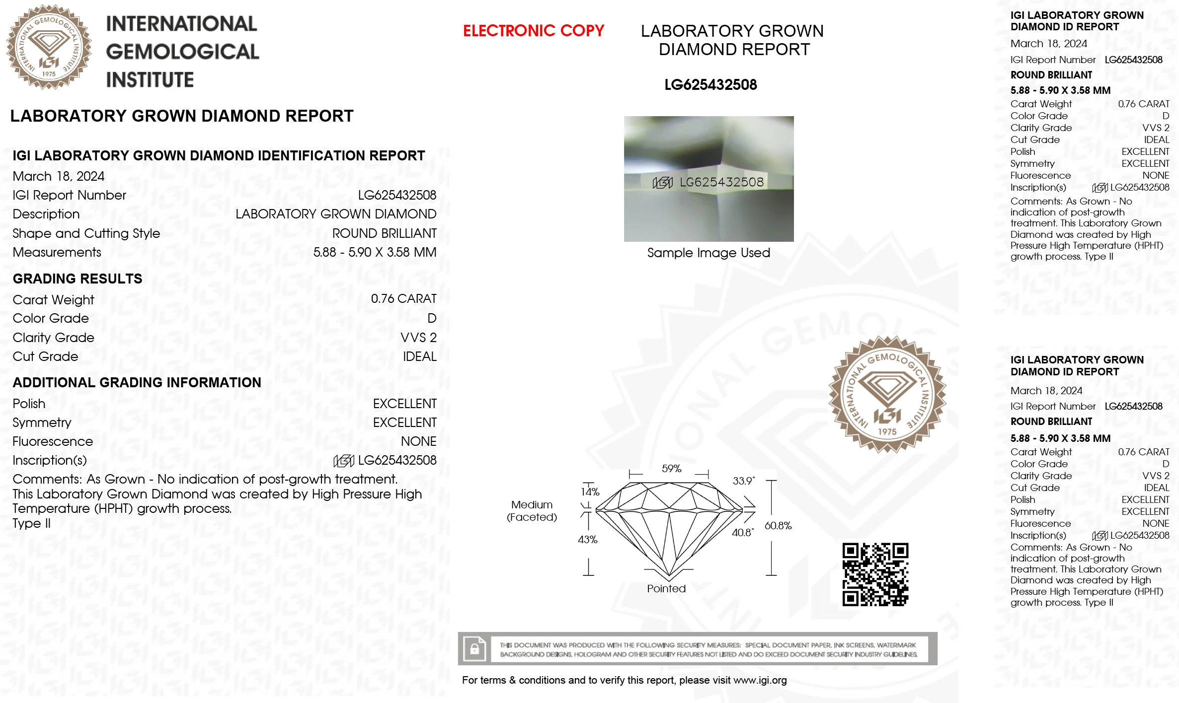 مختبر نمت الماس 0.76 CT D اللون VVS2 وضوح IGI معتمد قطع مستديرة CVD HPHT الماس فضفاض للمجوهرات الماس المخصصة