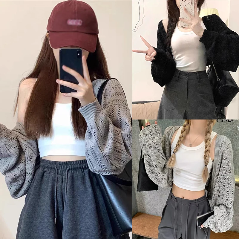 Women Cardigan Retro Solid Color Cut-out Loose Casual Lazy Wind Knit Sunscreen Cardigan Coat