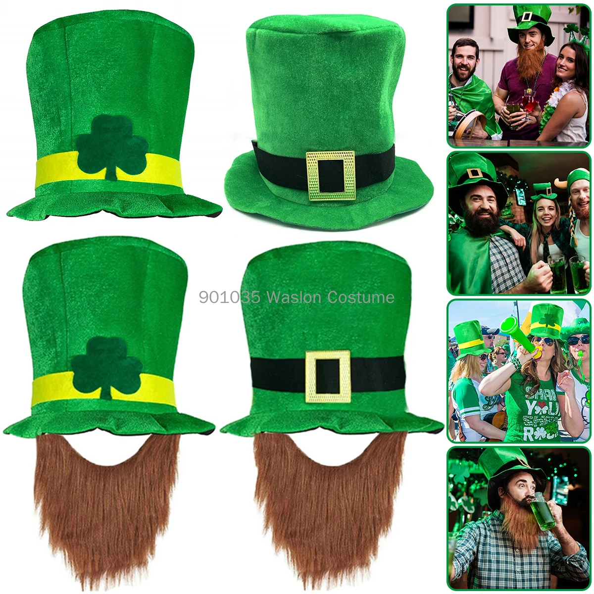 Saint Patricks Day Top Hat Holiday Fake Beard Green Celebration Costume for Irish Festival Birthday Party Decor Supplies