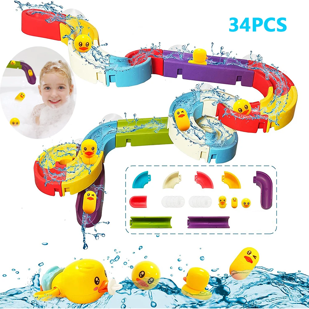 

Bath Toys for Kids DIY Assembling Track Slide Suction Wall Bathtub for Toddlers Baby with Duck Shower Water Gifts for Children