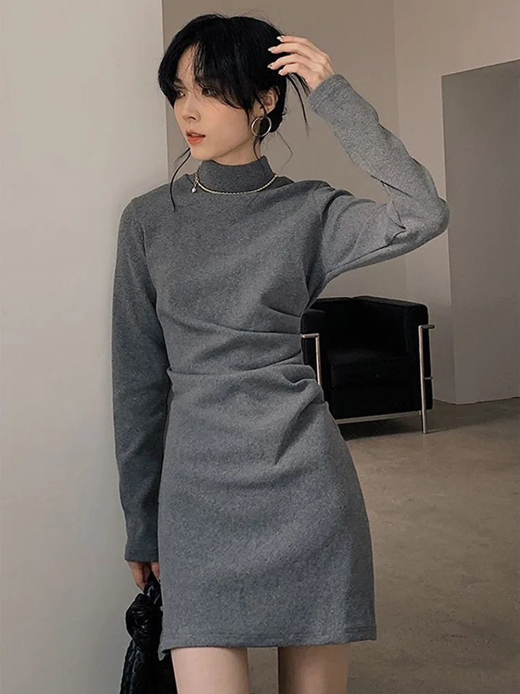 

Gidyq French Elegant Slim Dresses Women New Thick Warm Pleated Mini Dress Fashion All Match Sexy Hip Wrap Vestidos Female