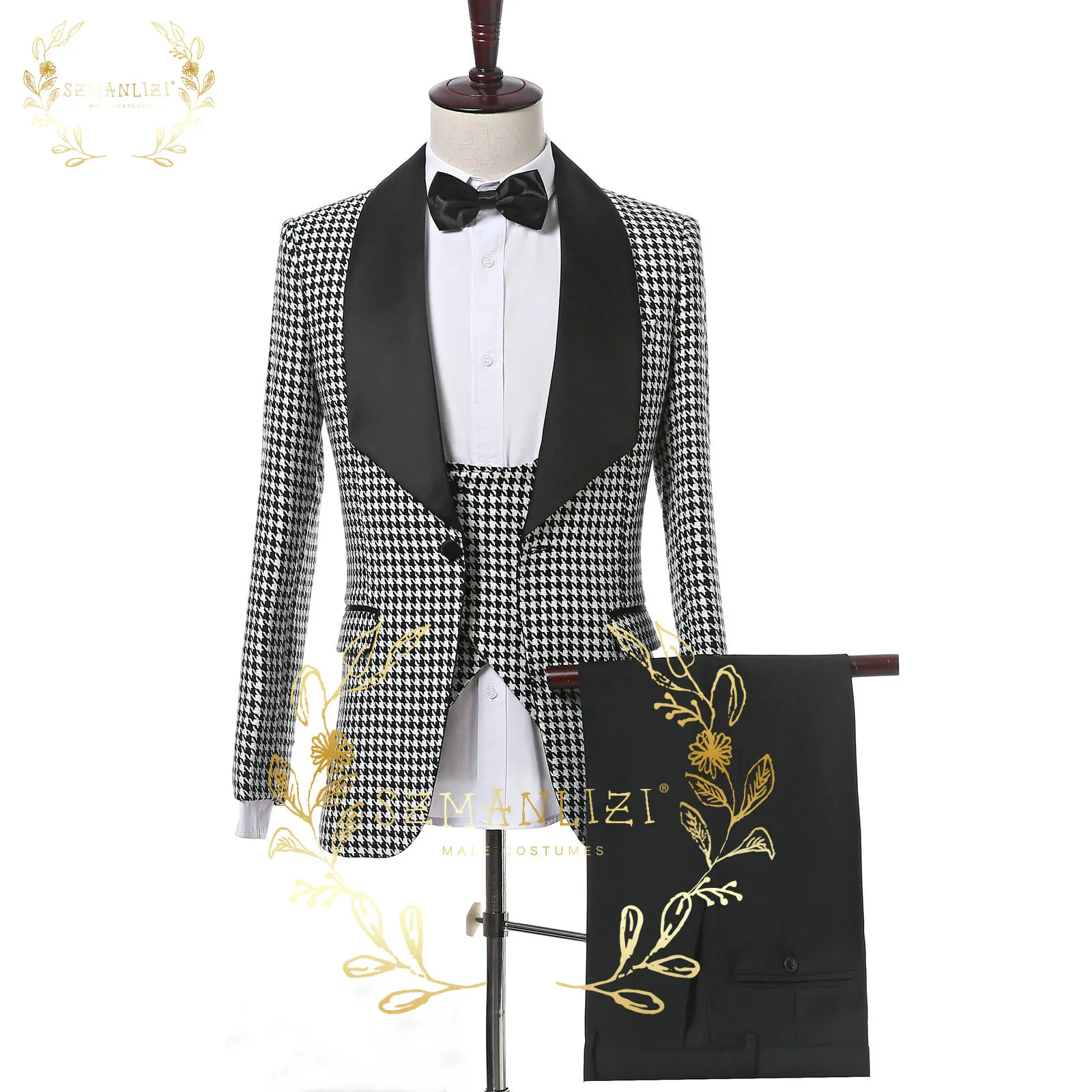 

SZMANLIZI Handsome Men Suits 3 Pieces Groom Tuxedos Costume Homme Terno Party Blazer Shawl Lapel Houndstooth Men Wedding Suits