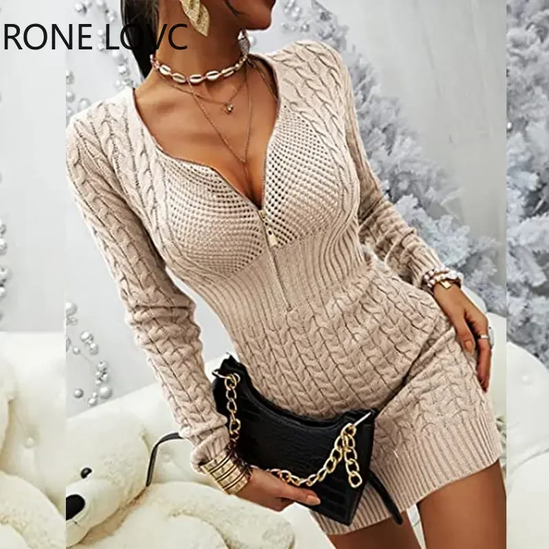 

Women Chic Solid Basics Zipper Collar Long Sleeves Bodycon Spring & Autumn Knitting Dress Tops