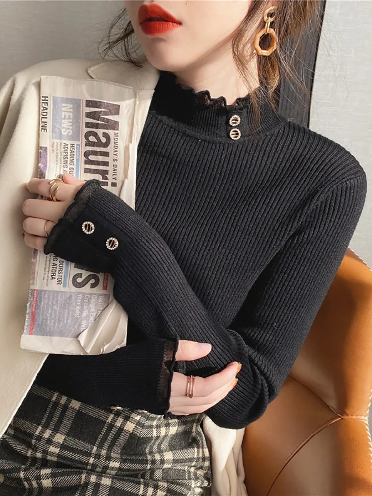 2024 Knitted Women Sweater O-neck Button Pullovers Spring Autumn Basic Sweaters for Female Pullover Slim Solid Bold Lace Tops